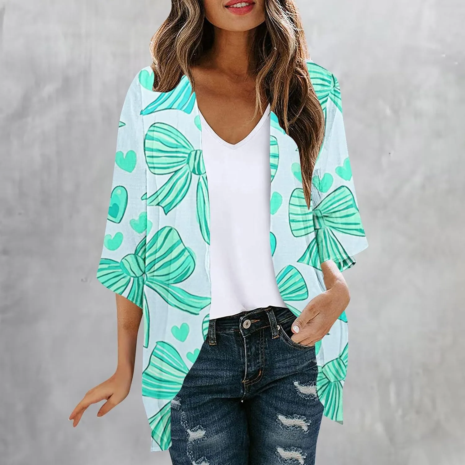 Kimonos for Women Summer Chiffon Beach Cover Up Lightweight Open Front 3/4 Sleeve Cardigan Vacation Outfits