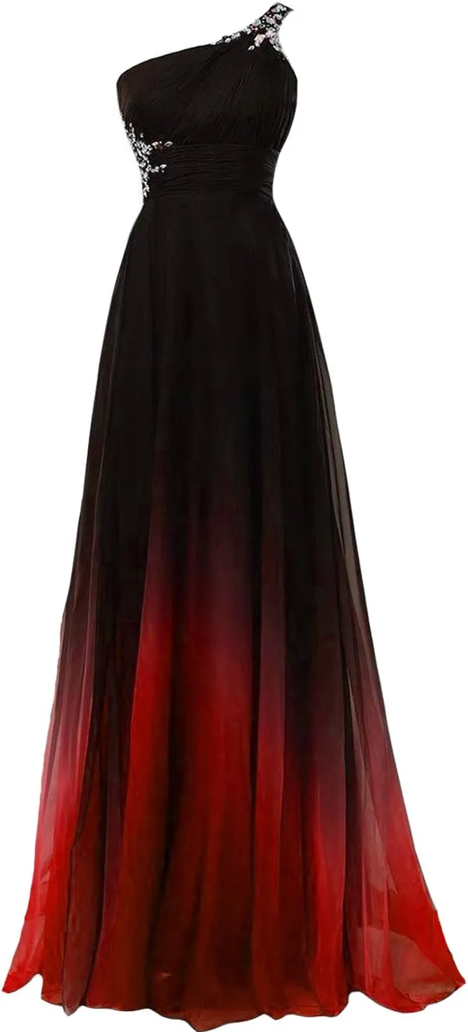 Kivary Sheer Beaded Halter Gradient Ombre Chiffon Long Prom Evening Dresses
