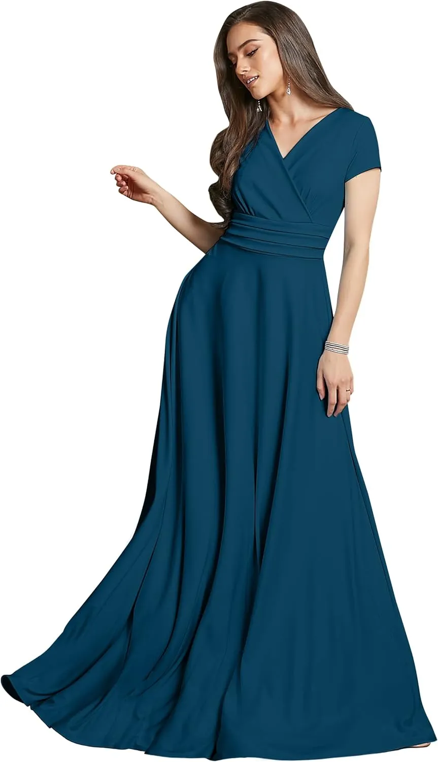 KOH KOH Womens Sexy Cap Short Sleeve V-Neck Flowy Cocktail Gown