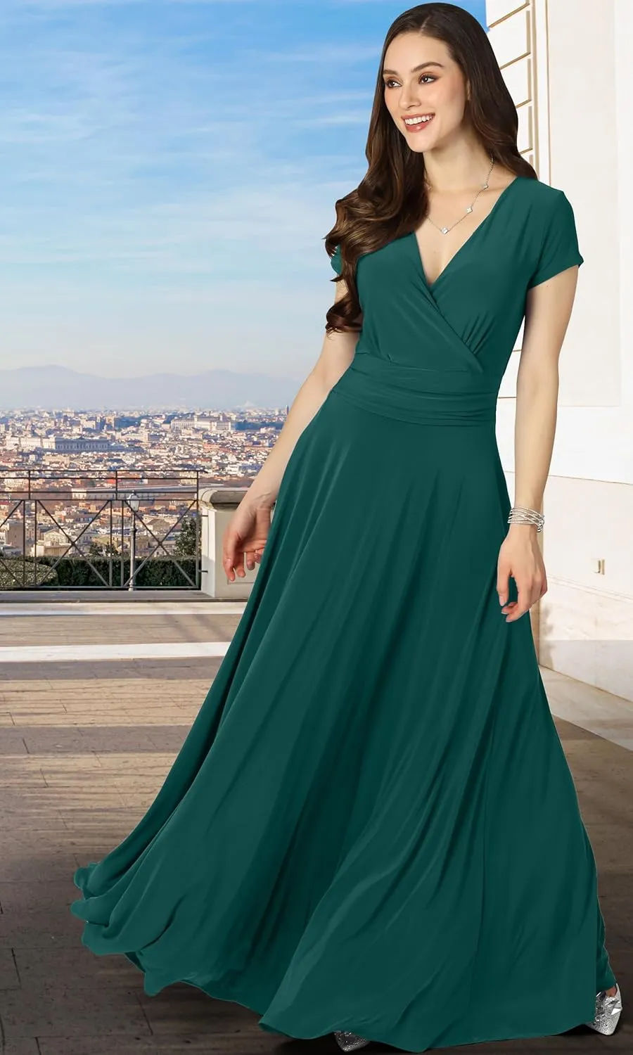 KOH KOH Womens Sexy Cap Short Sleeve V-Neck Flowy Cocktail Gown