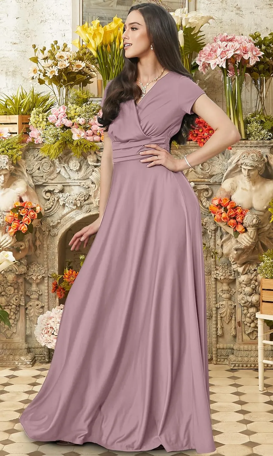 KOH KOH Womens Sexy Cap Short Sleeve V-Neck Flowy Cocktail Gown