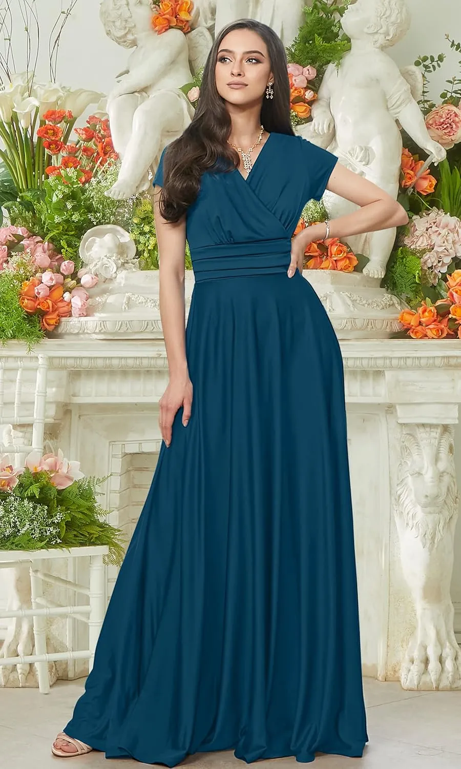 KOH KOH Womens Sexy Cap Short Sleeve V-Neck Flowy Cocktail Gown