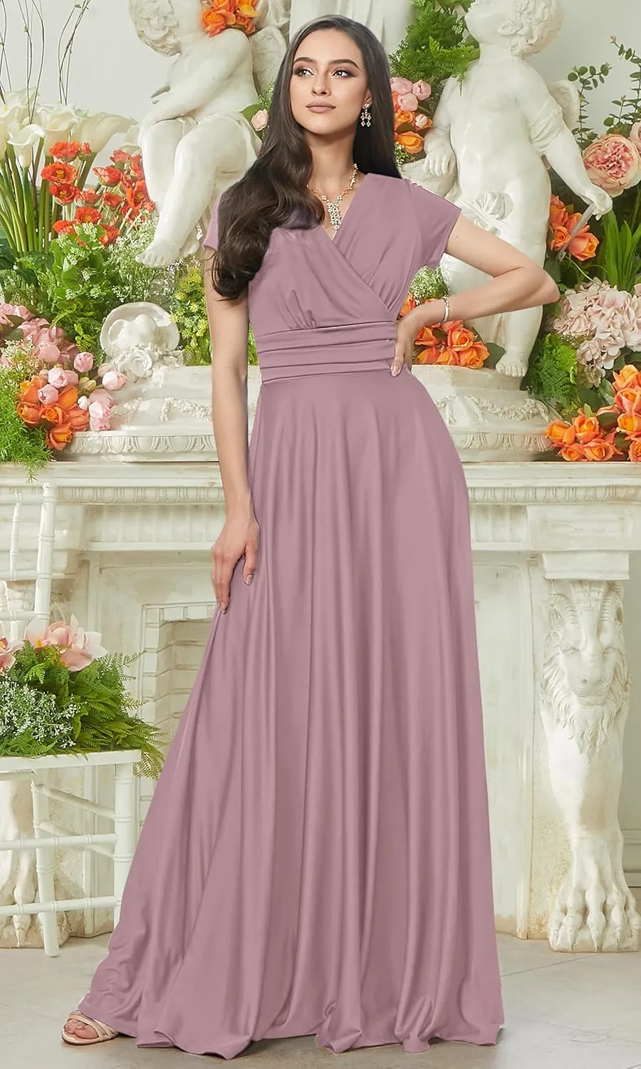 KOH KOH Womens Sexy Cap Short Sleeve V-Neck Flowy Cocktail Gown