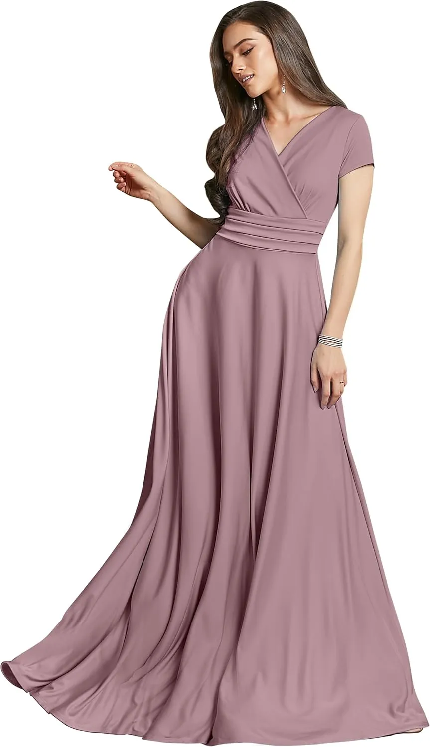 KOH KOH Womens Sexy Cap Short Sleeve V-Neck Flowy Cocktail Gown
