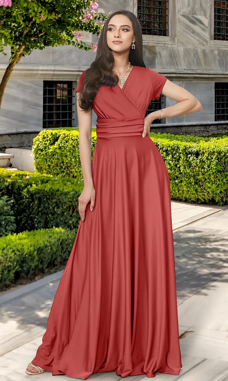 KOH KOH Womens Sexy Cap Short Sleeve V-Neck Flowy Cocktail Gown