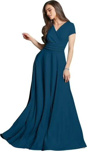 KOH KOH Womens Sexy Cap Short Sleeve V-Neck Flowy Cocktail Gown