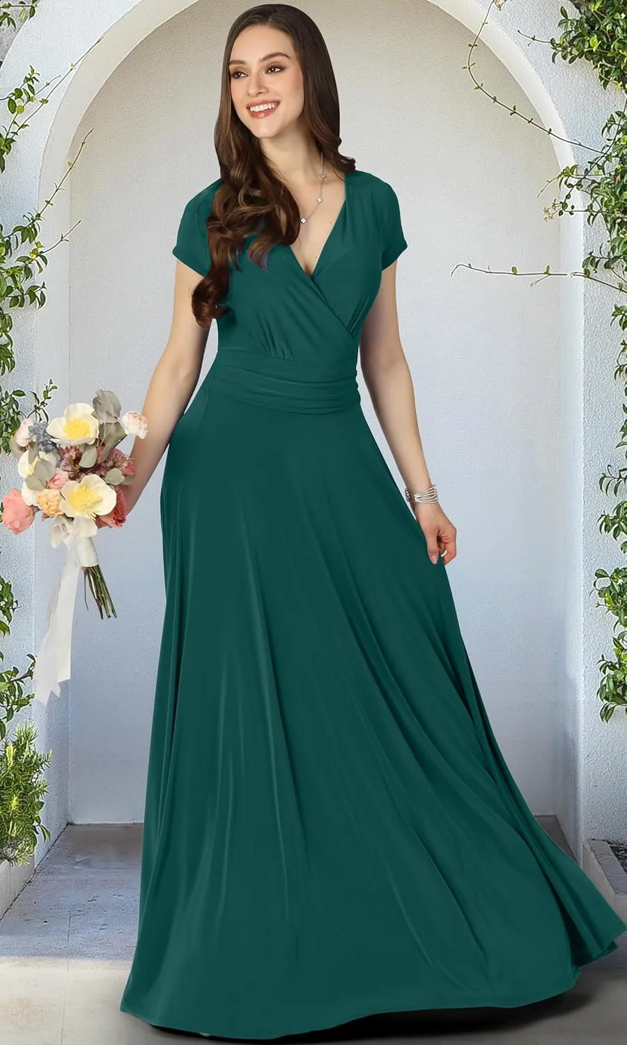 KOH KOH Womens Sexy Cap Short Sleeve V-Neck Flowy Cocktail Gown