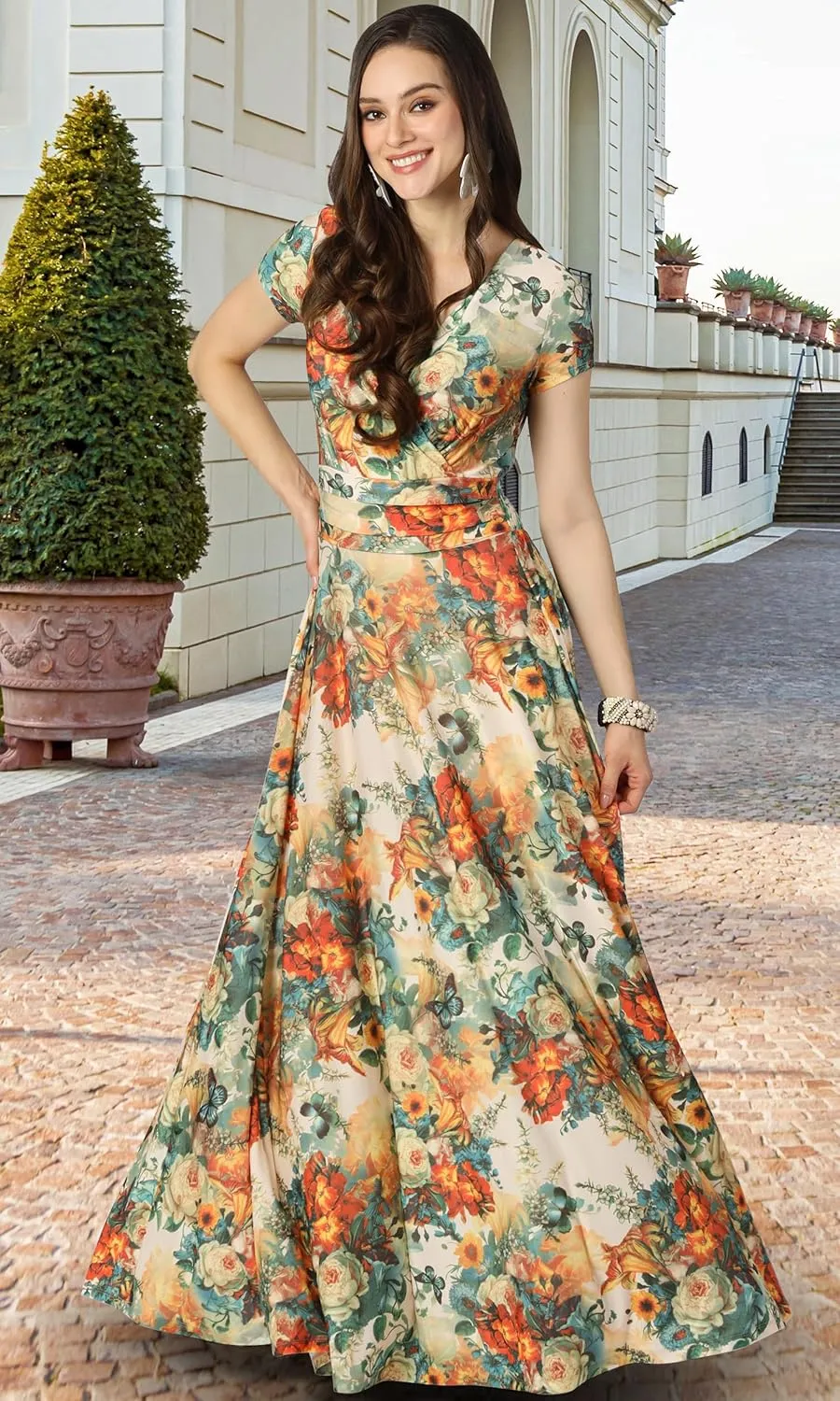 KOH KOH Womens Short Cap Sleeves Abstract Flower Print Long Maxi Dress Gown