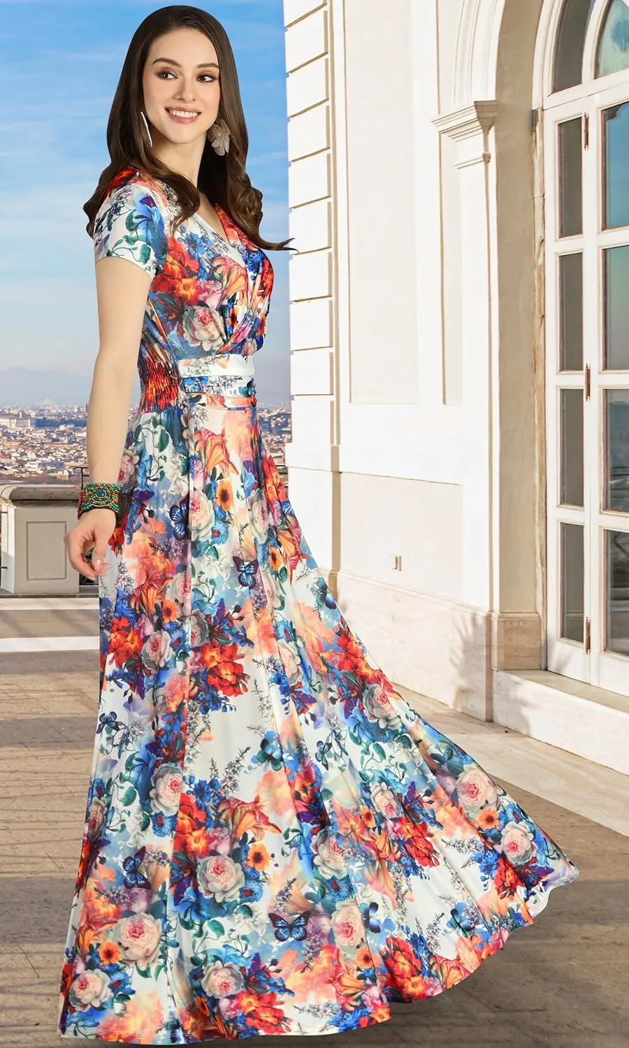 KOH KOH Womens Short Cap Sleeves Abstract Flower Print Long Maxi Dress Gown