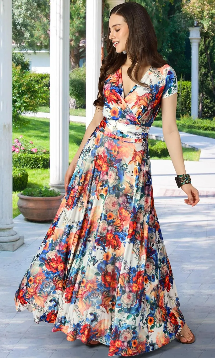 KOH KOH Womens Short Cap Sleeves Abstract Flower Print Long Maxi Dress Gown