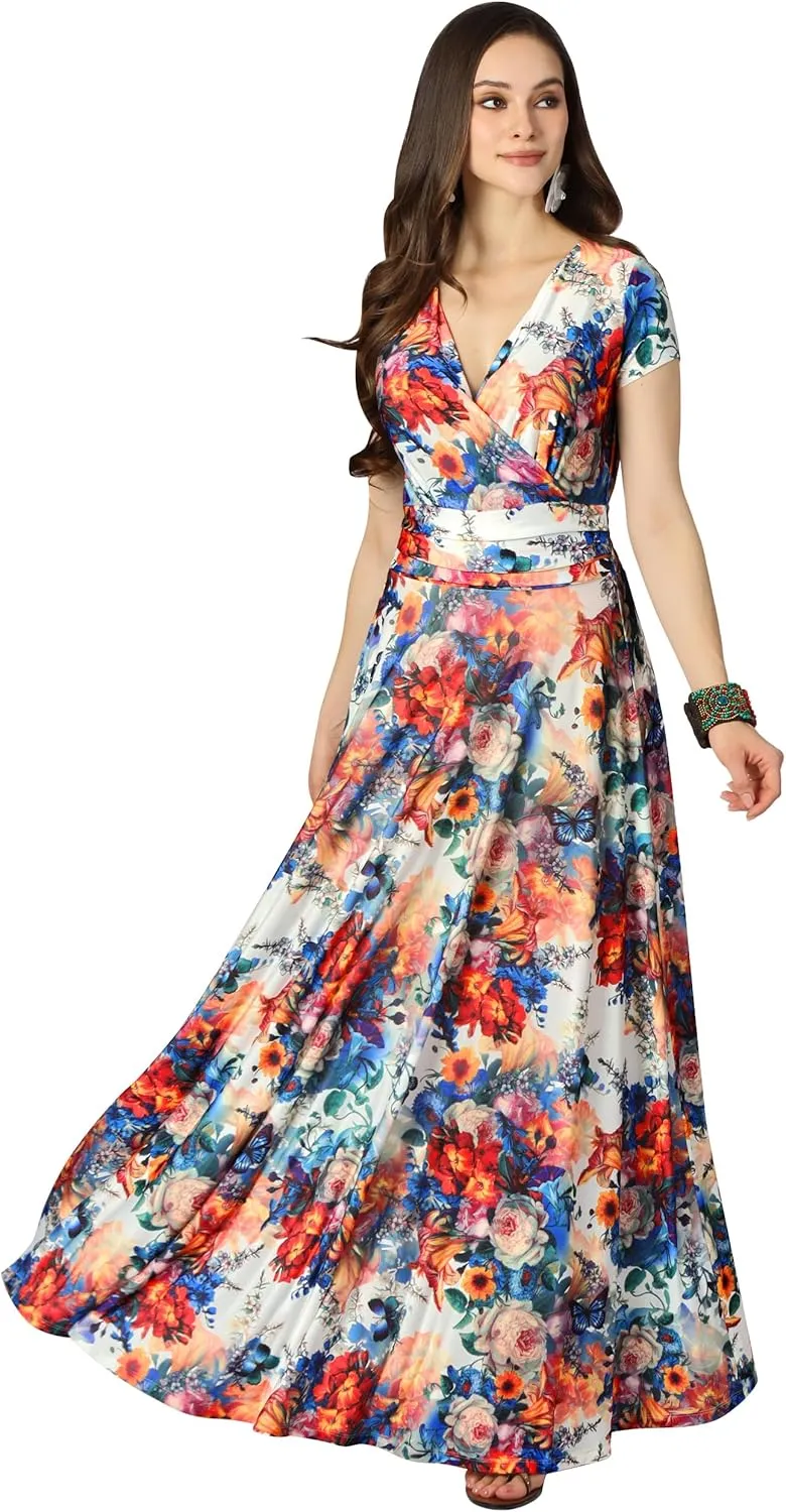 KOH KOH Womens Short Cap Sleeves Abstract Flower Print Long Maxi Dress Gown