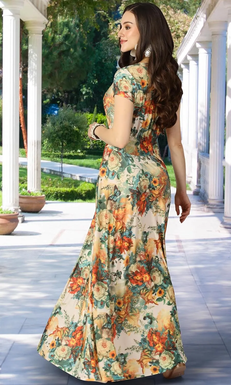 KOH KOH Womens Short Cap Sleeves Abstract Flower Print Long Maxi Dress Gown