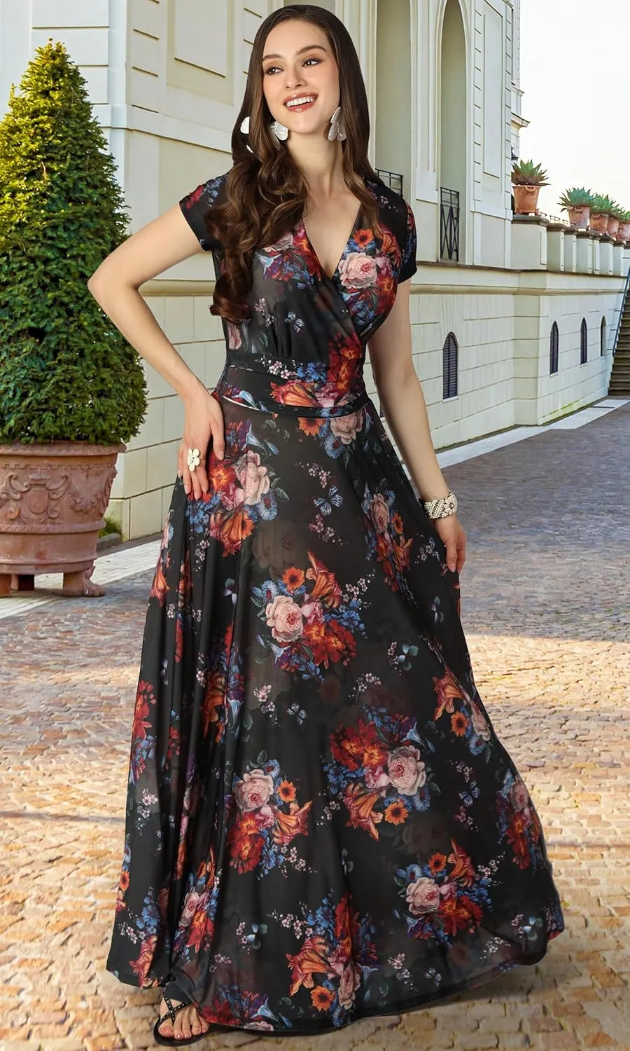 KOH KOH Womens Short Cap Sleeves Abstract Flower Print Long Maxi Dress Gown