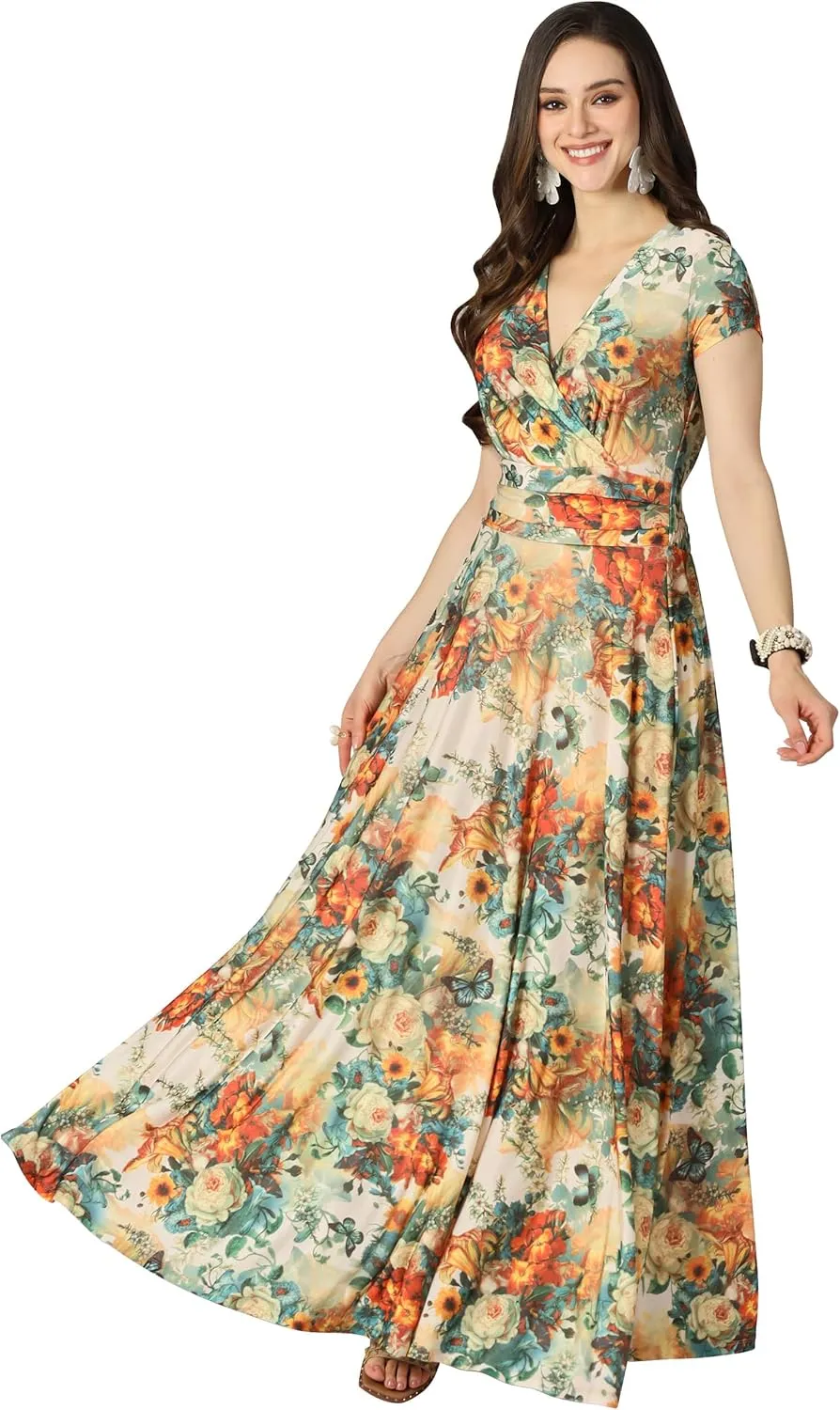 KOH KOH Womens Short Cap Sleeves Abstract Flower Print Long Maxi Dress Gown