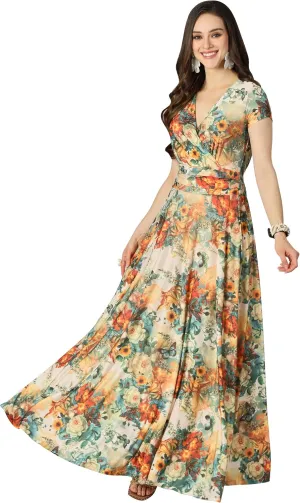 KOH KOH Womens Short Cap Sleeves Abstract Flower Print Long Maxi Dress Gown