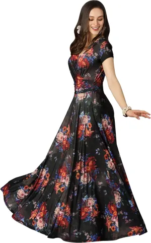 KOH KOH Womens Short Cap Sleeves Abstract Flower Print Long Maxi Dress Gown