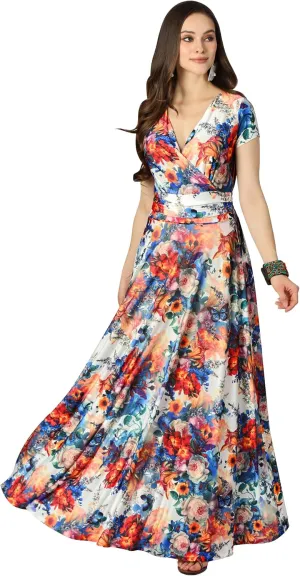 KOH KOH Womens Short Cap Sleeves Abstract Flower Print Long Maxi Dress Gown