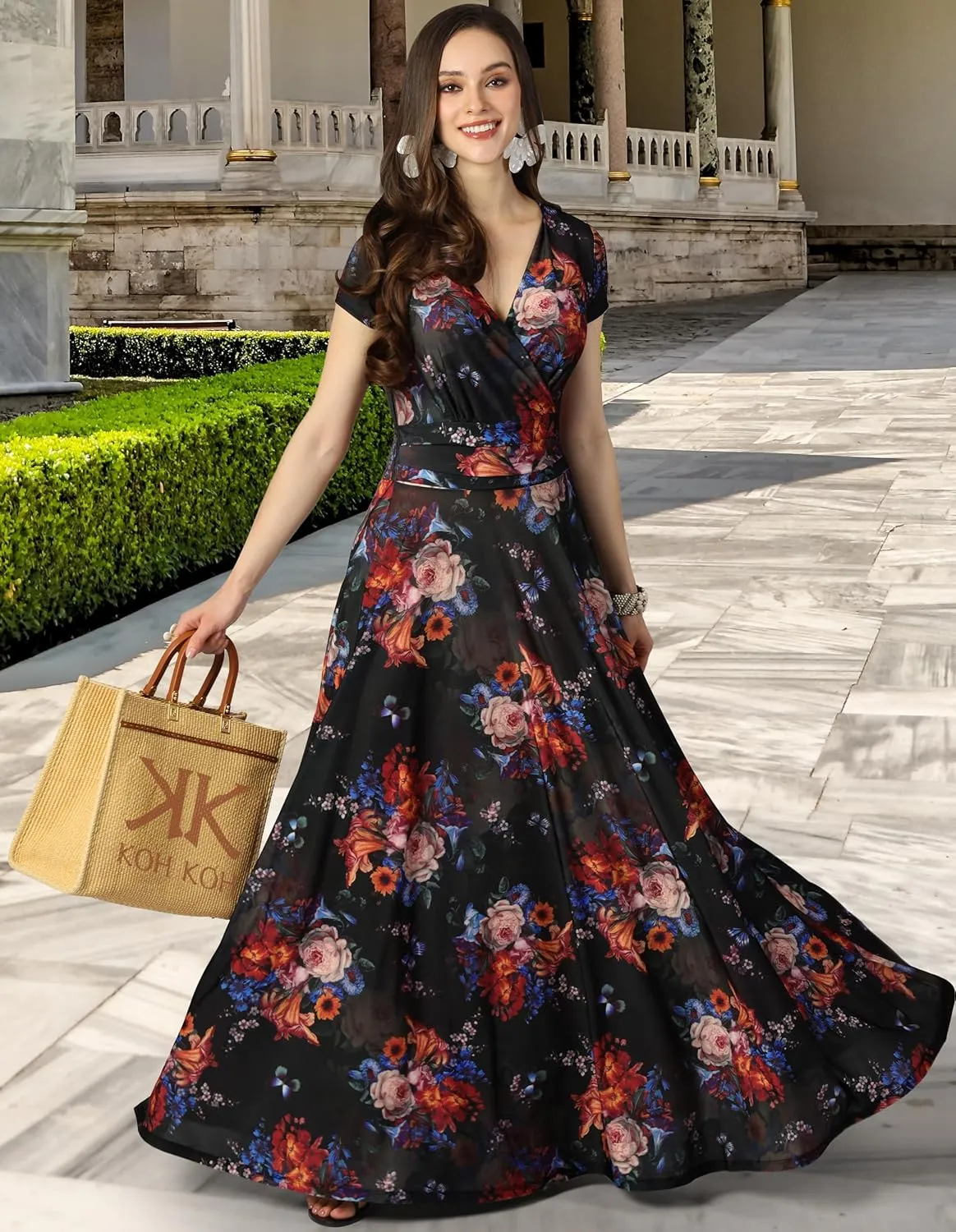 KOH KOH Womens Short Cap Sleeves Abstract Flower Print Long Maxi Dress Gown