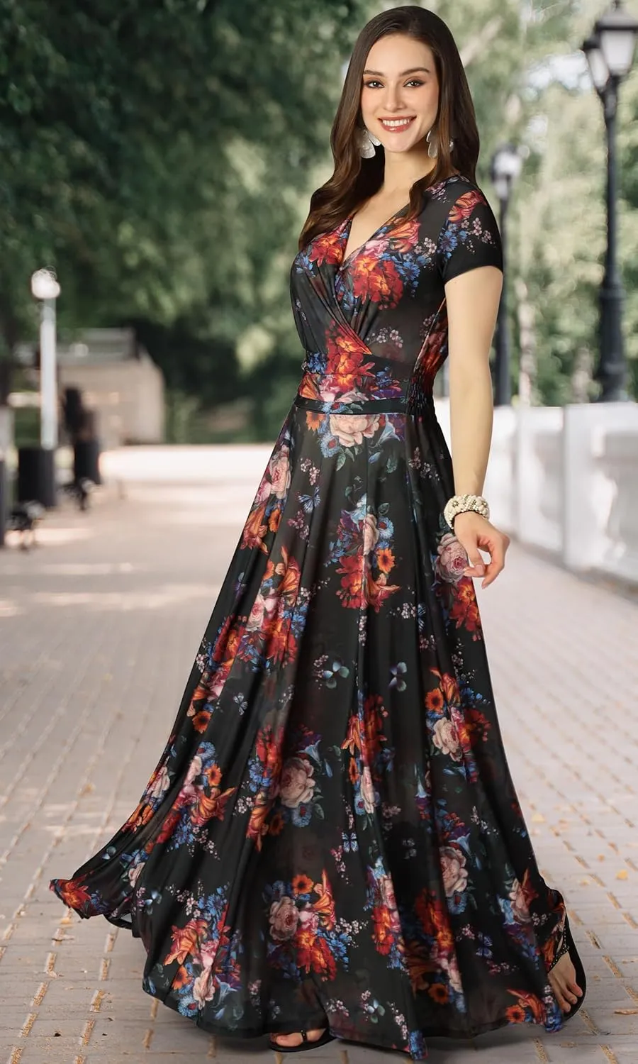 KOH KOH Womens Short Cap Sleeves Abstract Flower Print Long Maxi Dress Gown