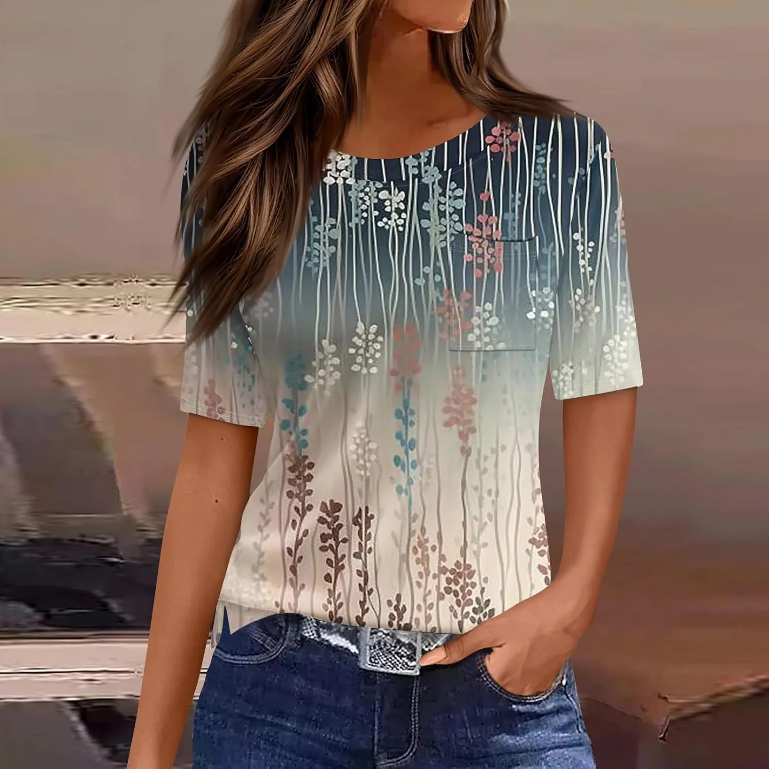 Ladies Tops and Blouses Short Sleeve T Shirts with Pockets Side Slit Crewneck Blouse Summer Clothes 2025