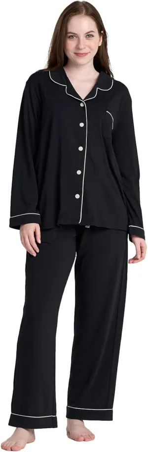 LAPASA Women's Pajama Set Stretchy Knit Sleepwear 2 Piece Loungewear Shirt Long Sleeves Pj Button-Down & Print Soft L103/L110