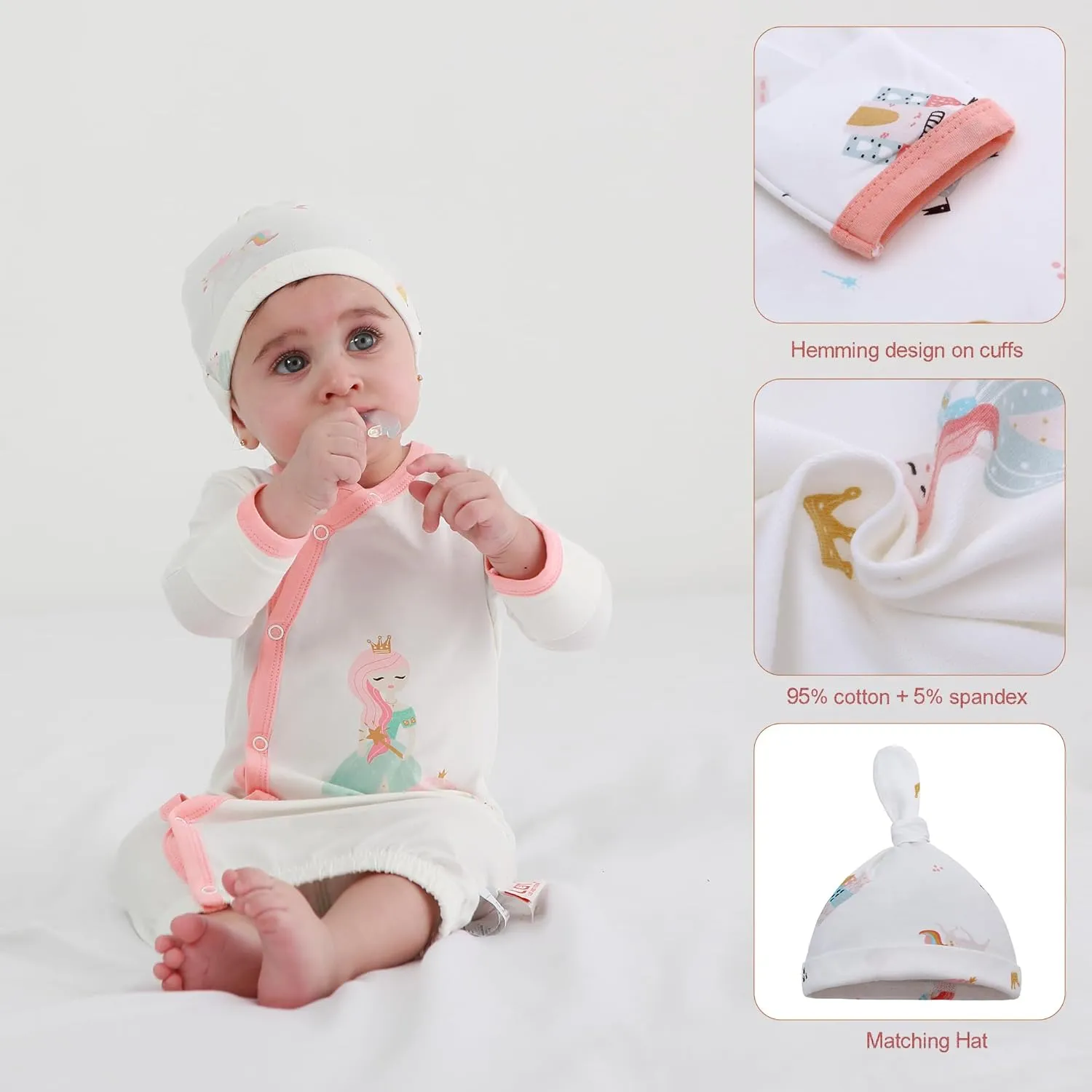 LAT LEE AND TOWN Newborn Baby Cotton Sleeper Gown Set Long Sleeve Nightgown with Hat Sleep Sack Unisex (princess, S)