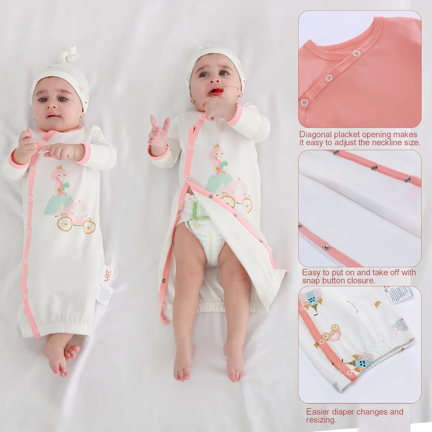 LAT LEE AND TOWN Newborn Baby Cotton Sleeper Gown Set Long Sleeve Nightgown with Hat Sleep Sack Unisex (princess, S)