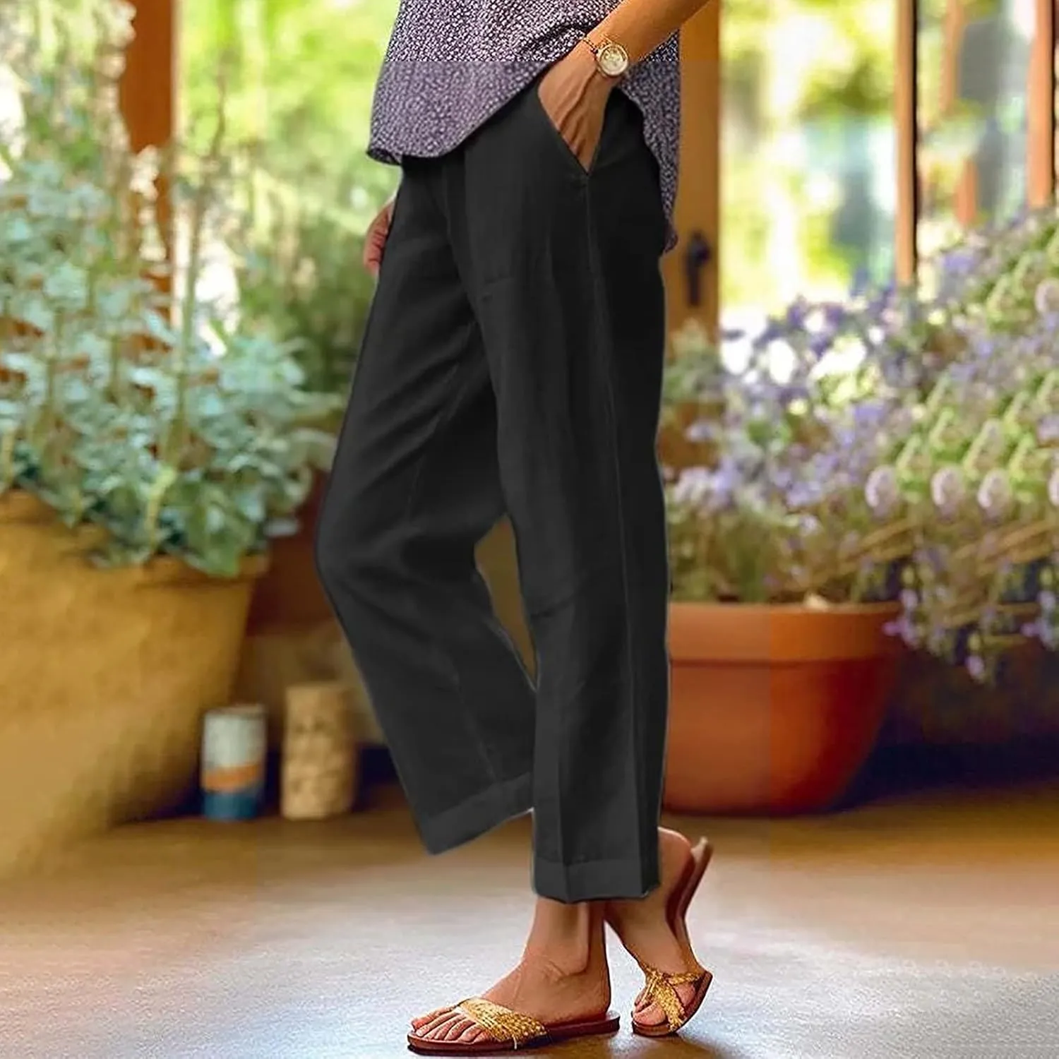 Leggings with Pockets for Women Pants Long Drawstring Linen Women Waist High Waisted Wide Leg Long Lounge Trousers