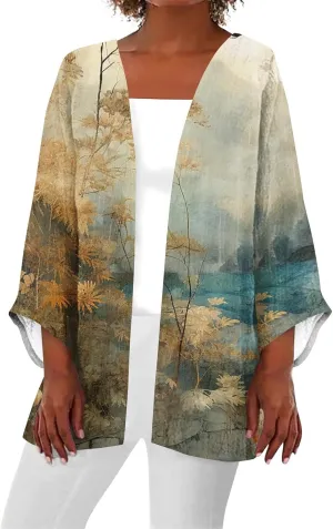 Lightweight Cardigan for Women Summer Printed Beach Cover Up Tops Casual Blouse Open Front 3/4 Sleeve Kimono Cardigan