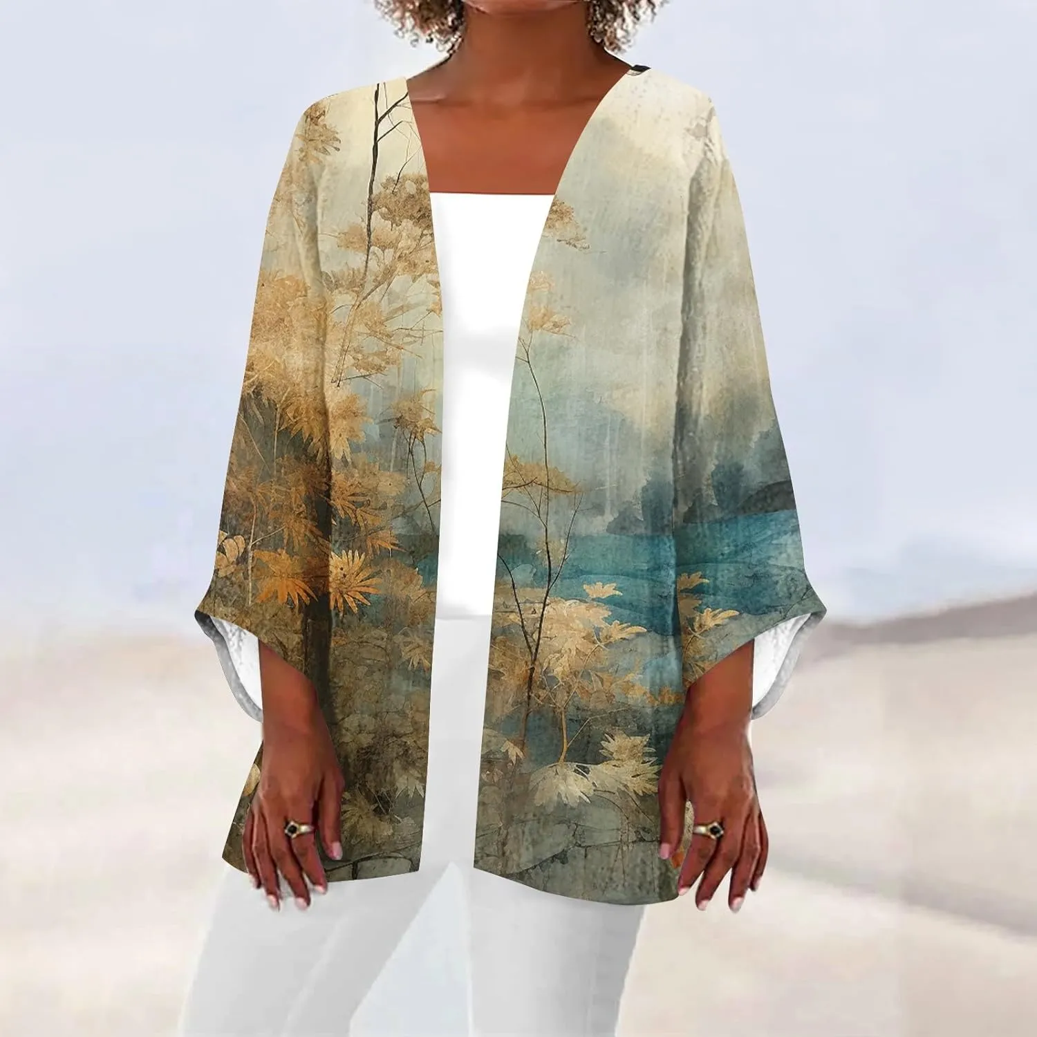 Lightweight Cardigan for Women Summer Printed Beach Cover Up Tops Casual Blouse Open Front 3/4 Sleeve Kimono Cardigan