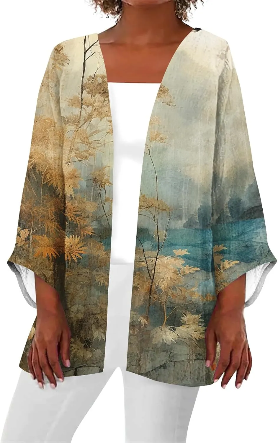 Lightweight Cardigan for Women Summer Printed Beach Cover Up Tops Casual Blouse Open Front 3/4 Sleeve Kimono Cardigan
