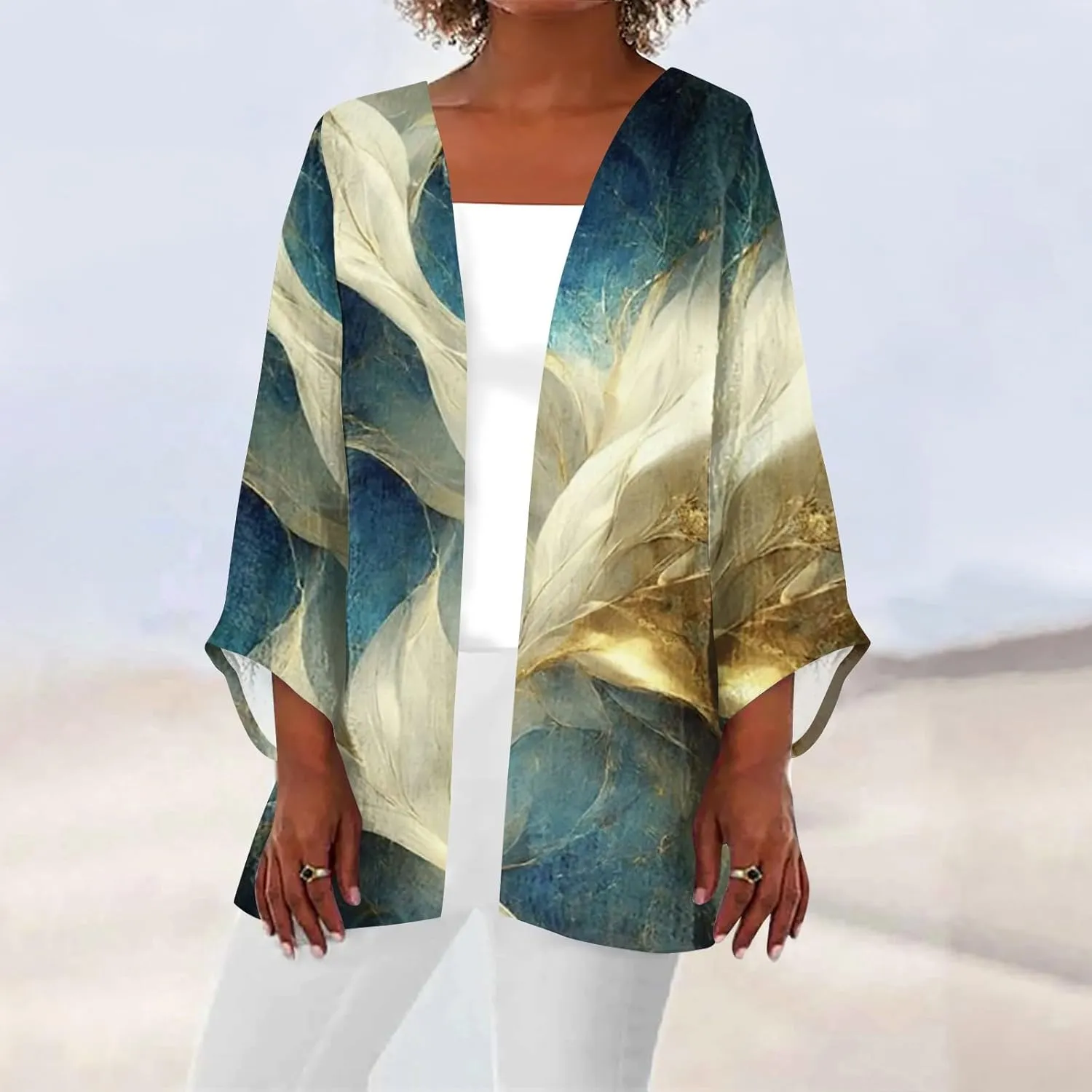 Lightweight Cardigan for Women Summer Printed Beach Cover Up Tops Open Front 3/4 Sleeve Kimono Cardigan Casual Blouse