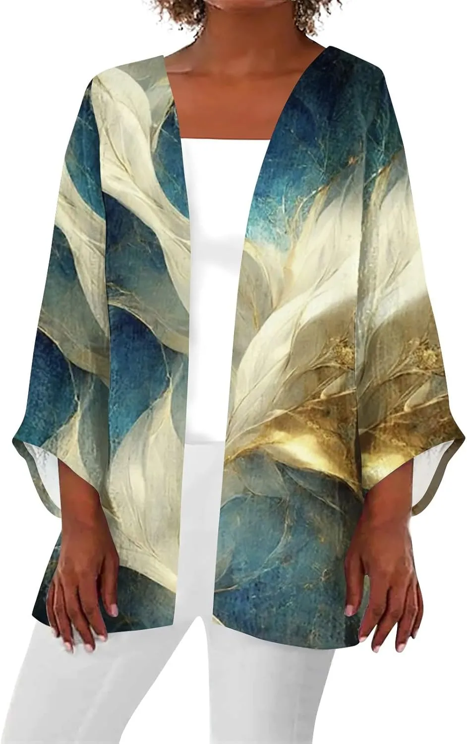 Lightweight Cardigan for Women Summer Printed Beach Cover Up Tops Open Front 3/4 Sleeve Kimono Cardigan Casual Blouse