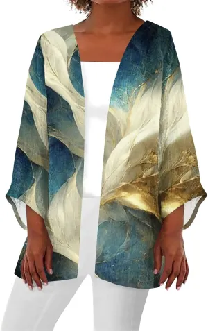 Lightweight Cardigan for Women Summer Printed Beach Cover Up Tops Open Front 3/4 Sleeve Kimono Cardigan Casual Blouse