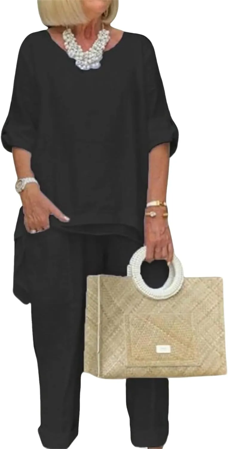 Linen 2 Piece Set for Women Plus Size Dressy Casual Cotton Linen Outfits Long Sleeve Shirts Wide Leg Trousers