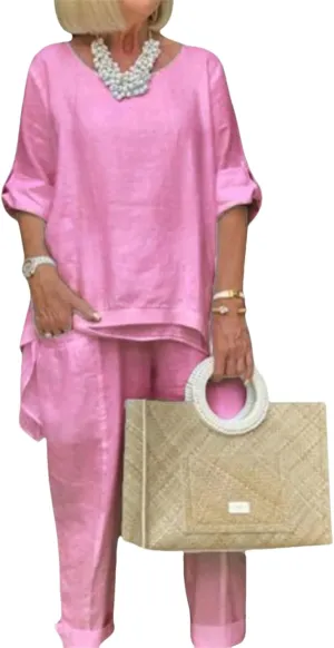 Linen 2 Piece Set for Women Plus Size Dressy Casual Cotton Linen Outfits Long Sleeve Shirts Wide Leg Trousers