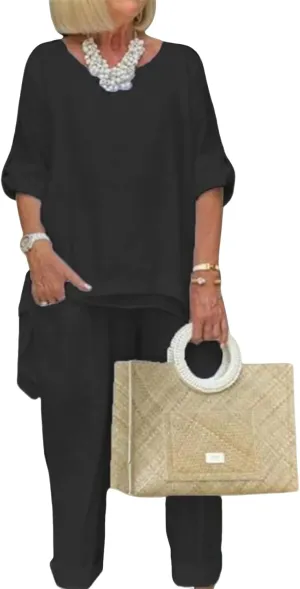 Linen 2 Piece Set for Women Plus Size Dressy Casual Cotton Linen Outfits Long Sleeve Shirts Wide Leg Trousers
