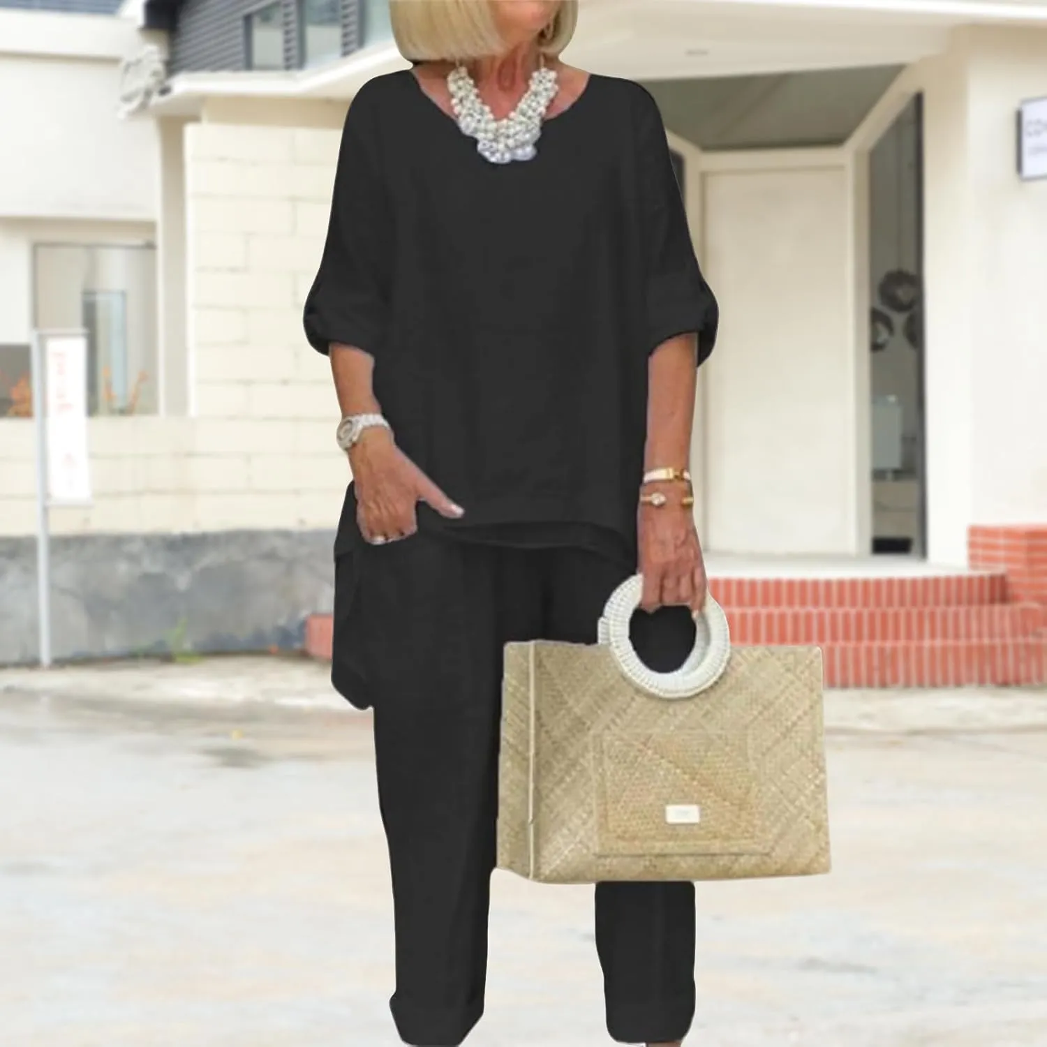 Linen 2 Piece Set for Women Plus Size Dressy Casual Cotton Linen Outfits Long Sleeve Shirts Wide Leg Trousers