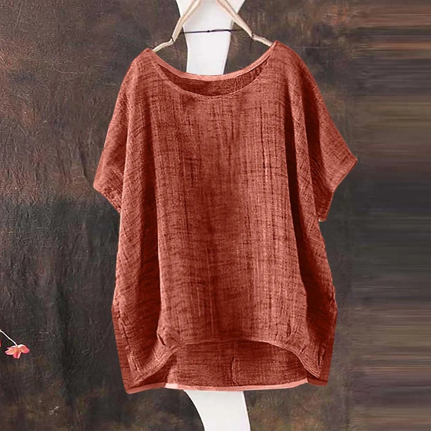 Linen Shirts for Women 2025 Summer Short Sleeve Casual Loose Fit Round Neck Blouses Side Slit High Low Tunic Tops