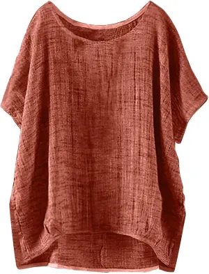 Linen Shirts for Women 2025 Summer Short Sleeve Casual Loose Fit Round Neck Blouses Side Slit High Low Tunic Tops