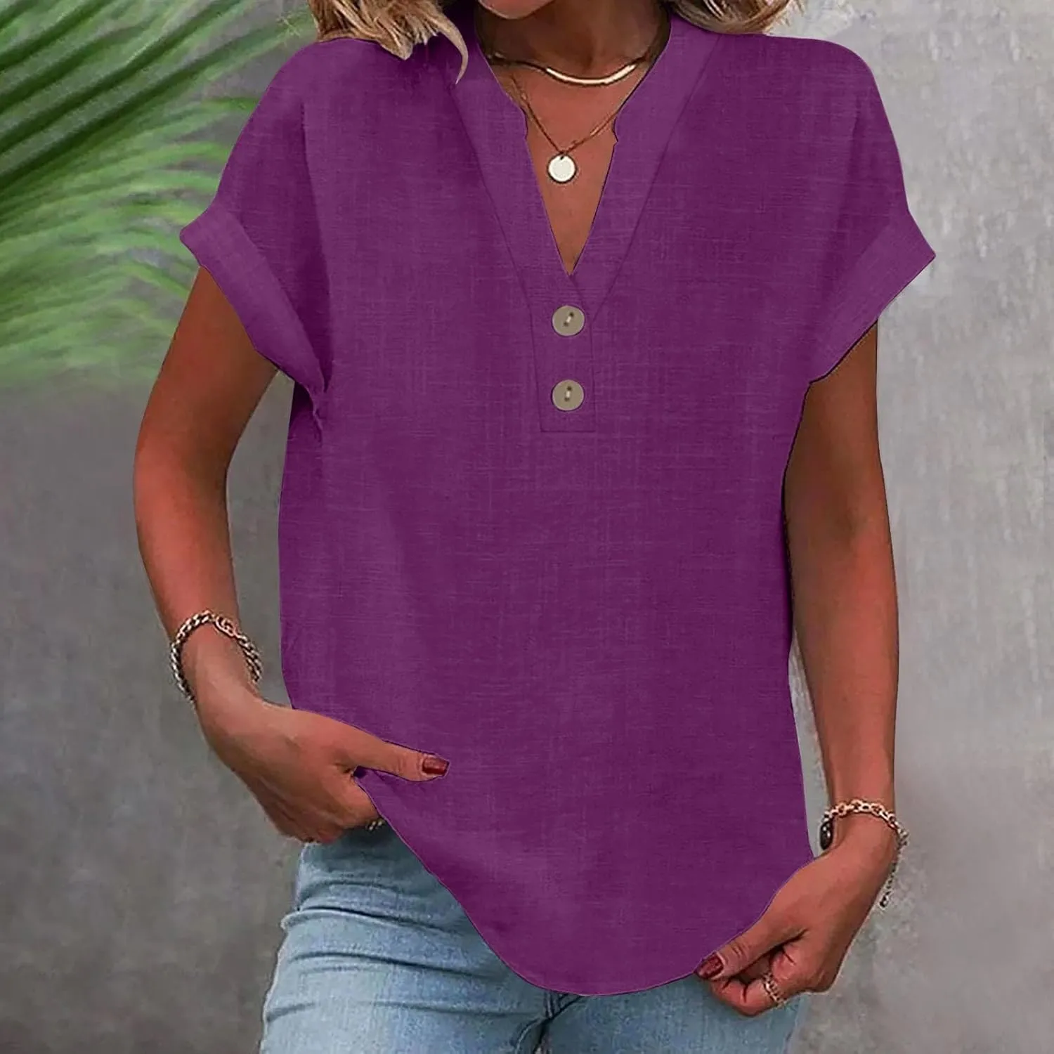 Linen Shirts for Women 2025 Summer Trendy Short Sleeve Button Tunic Blouses Lightweight Loose Casual V Neck Outfits Tops