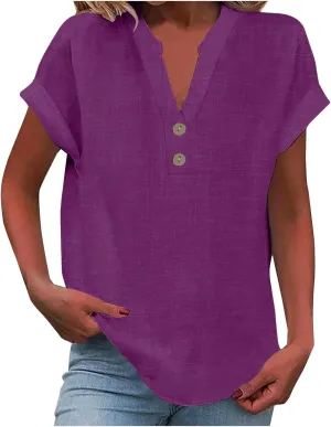 Linen Shirts for Women 2025 Summer Trendy Short Sleeve Button Tunic Blouses Lightweight Loose Casual V Neck Outfits Tops