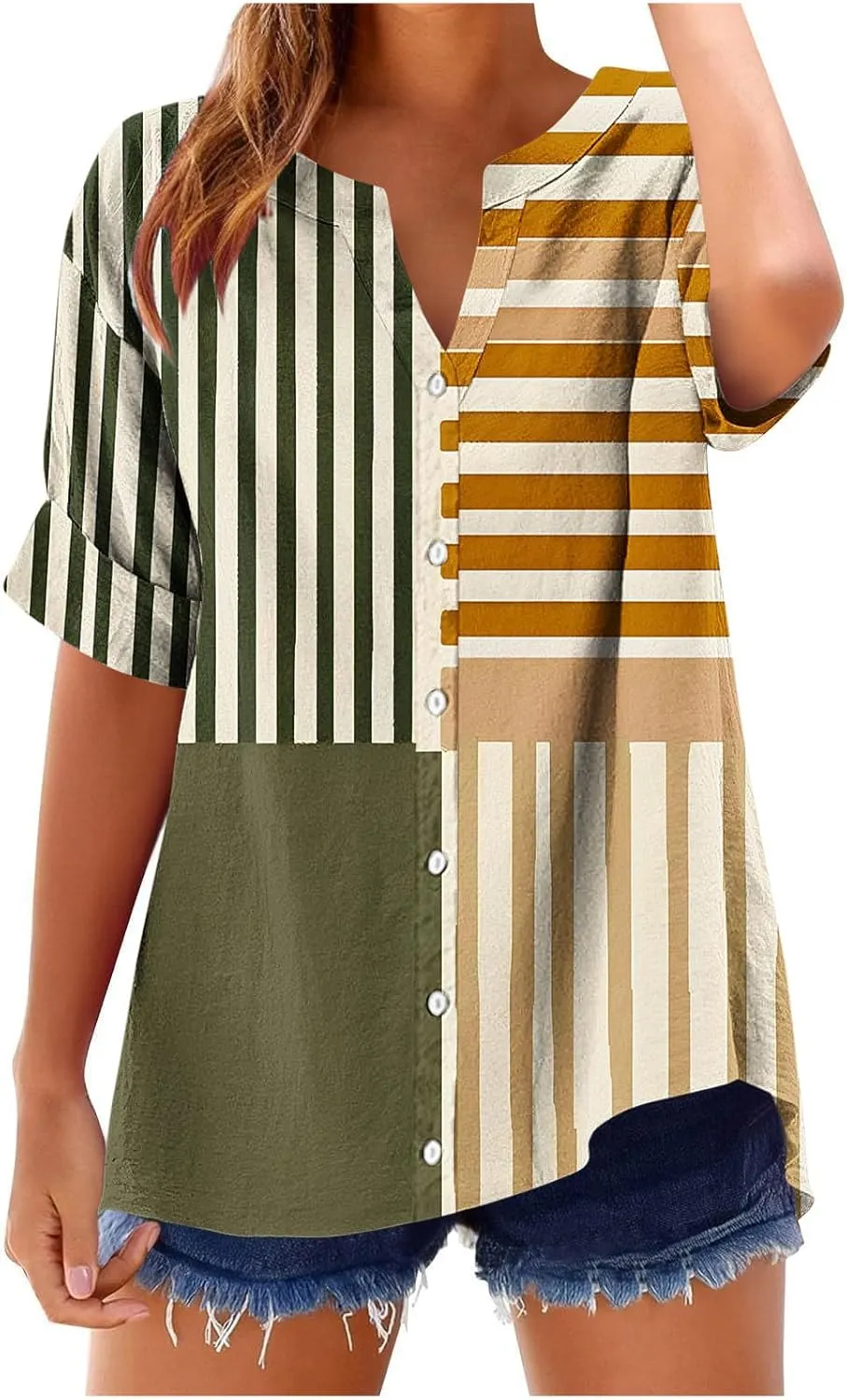 Linen Shirts for Women Loose Fit Short Sleeve Blouse Notch V Neck Tshirt 2025 Spring Fashion Print Top Summer Clothes