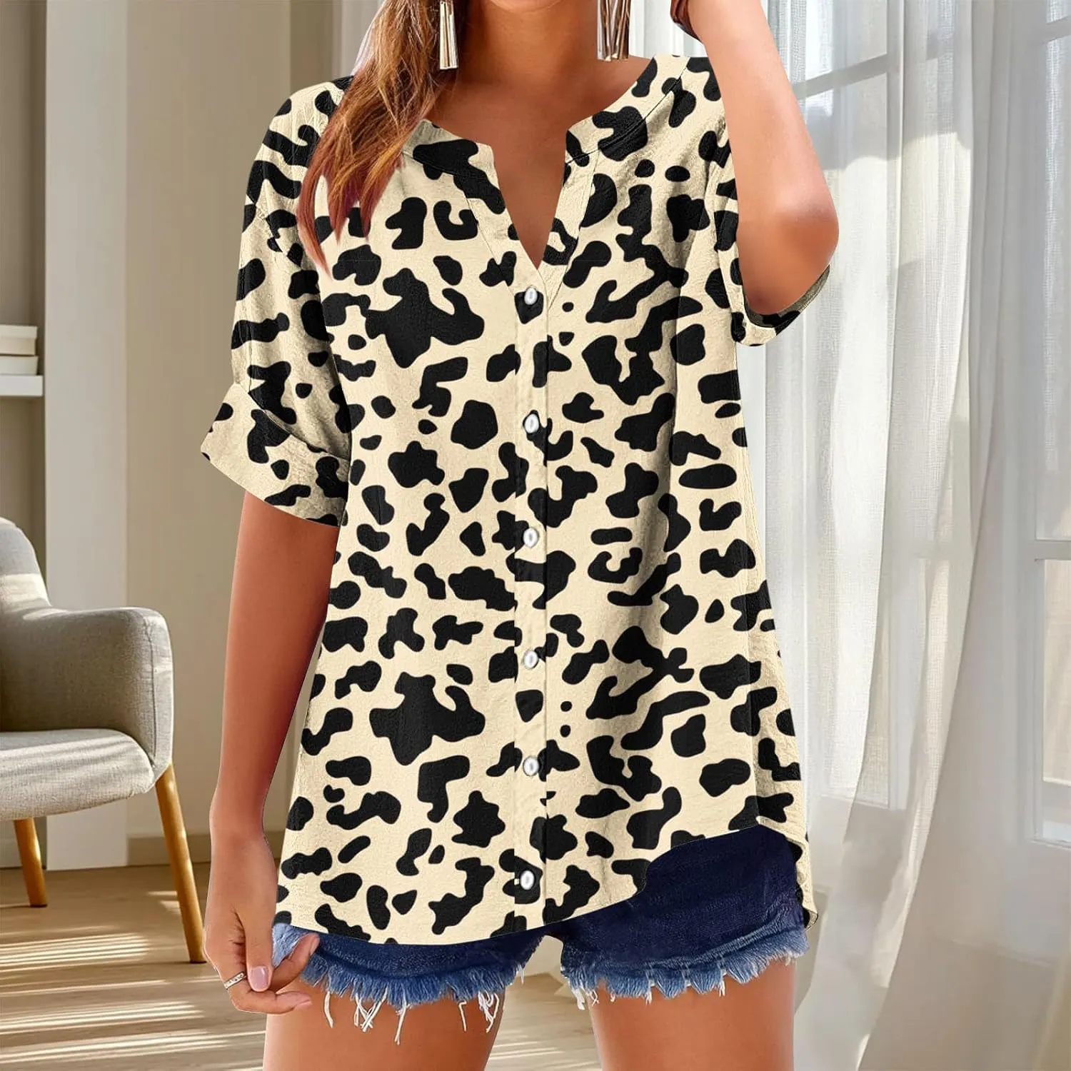 Linen Shirts for Women Loose Fit Short Sleeve Blouse Notch V Neck Tshirt 2025 Spring Fashion Print Top Summer Clothes
