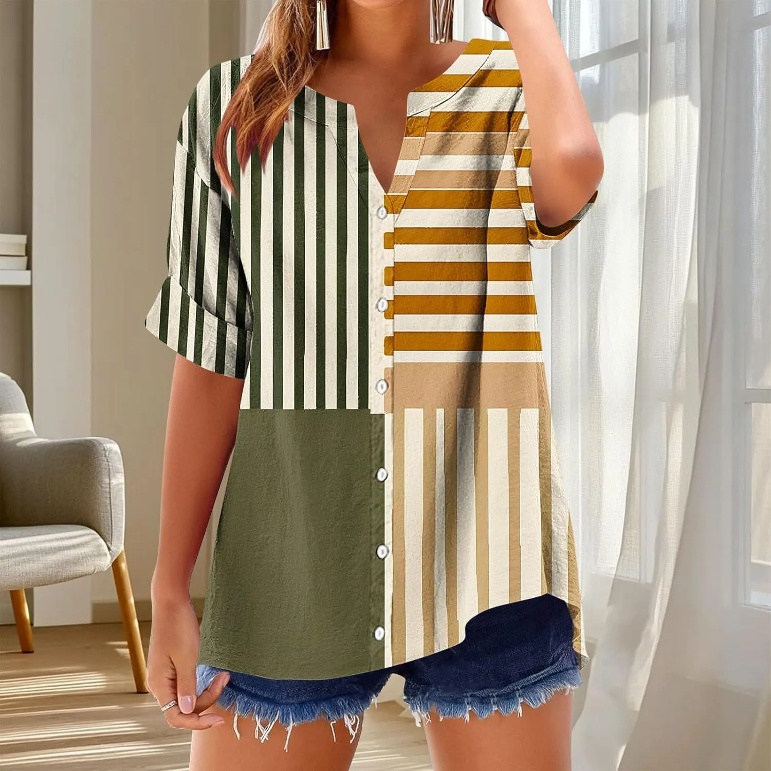 Linen Shirts for Women Loose Fit Short Sleeve Blouse Notch V Neck Tshirt 2025 Spring Fashion Print Top Summer Clothes