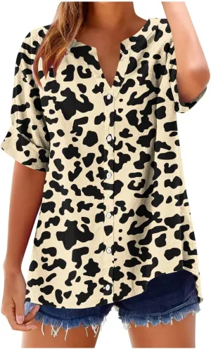 Linen Shirts for Women Loose Fit Short Sleeve Blouse Notch V Neck Tshirt 2025 Spring Fashion Print Top Summer Clothes