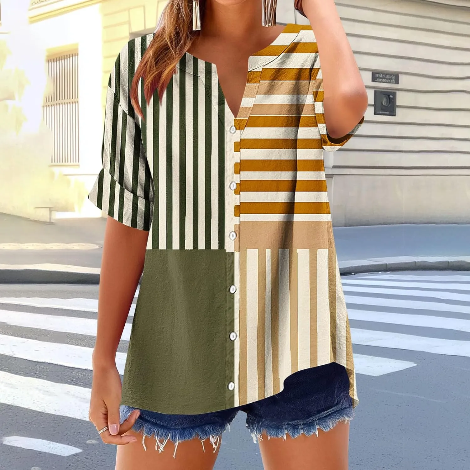 Linen Shirts for Women Loose Fit Short Sleeve Blouse Notch V Neck Tshirt 2025 Spring Fashion Print Top Summer Clothes