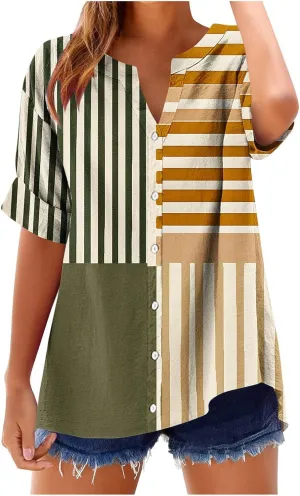 Linen Shirts for Women Loose Fit Short Sleeve Blouse Notch V Neck Tshirt 2025 Spring Fashion Print Top Summer Clothes