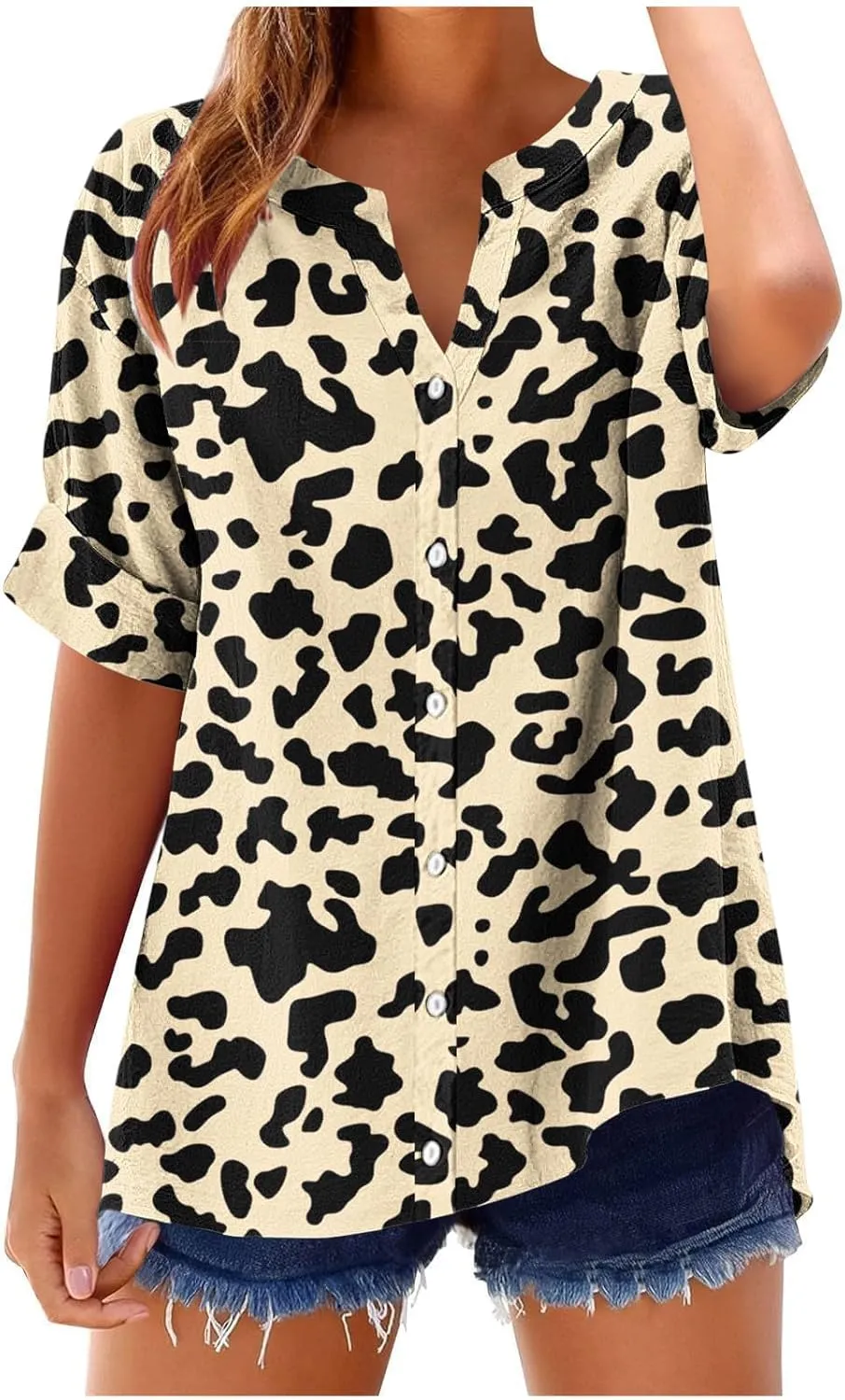 Linen Shirts for Women Loose Fit Short Sleeve Blouse Notch V Neck Tshirt 2025 Spring Fashion Print Top Summer Clothes