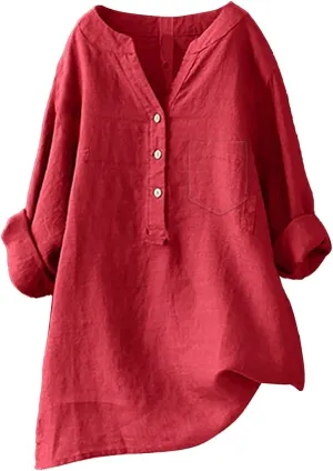 Linen Shirts for Women Plus Size Long Sleeve Tops Casual Loose Fit Round Neck Tees 2025 Summer Fashion Blouse